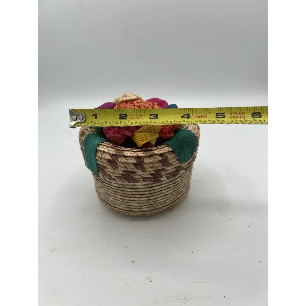 Mexican Tenate Woven Basket Trinket Box Raffia Flower Lid 4.5” Folk Art